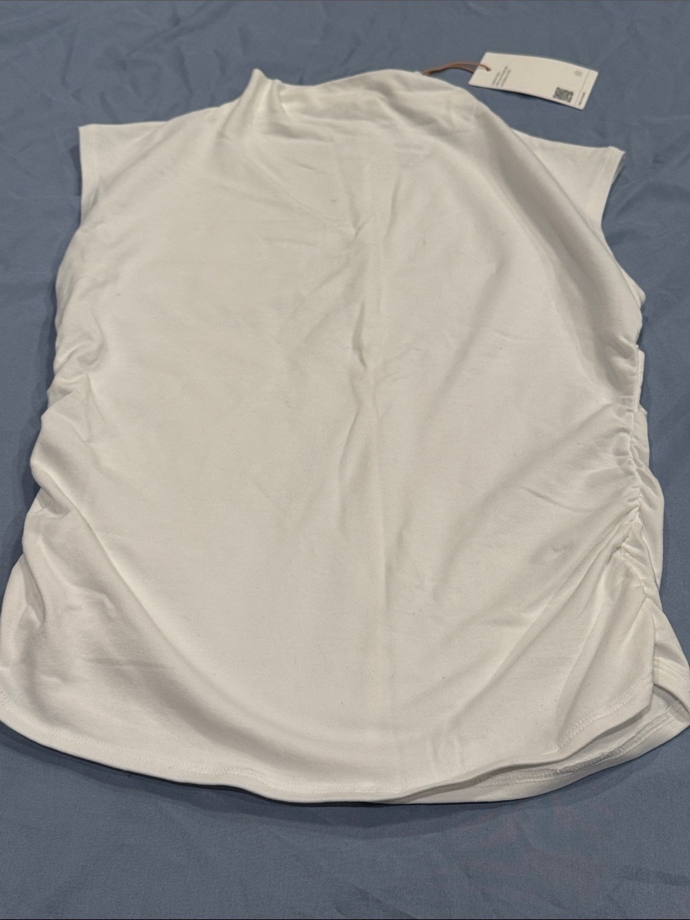 Quince White Sleeveless Side-Ruched Tank Top mock short turtleneck